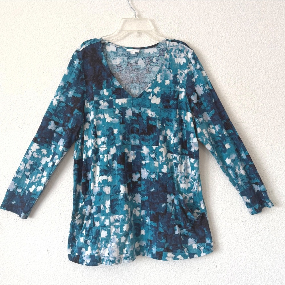 Pure Jill Tunic Top Large Blue Abstract Geometric Long Sleeve V-Neck